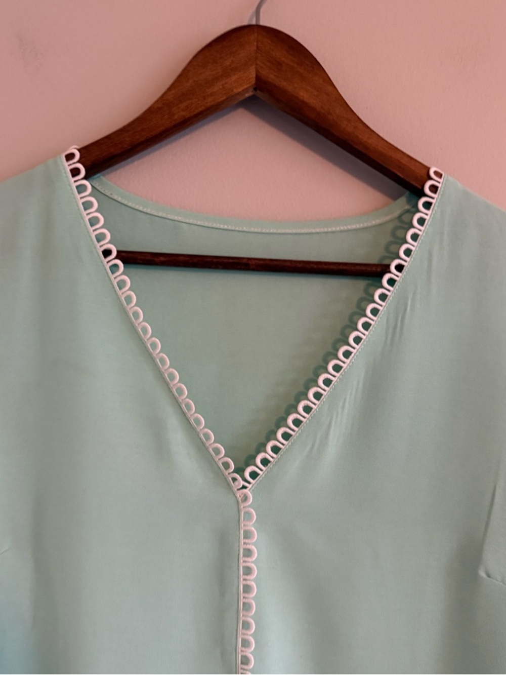 V-Neck Mint Short Sleeve Blouse with Loop Trim - Picture 7 of 10